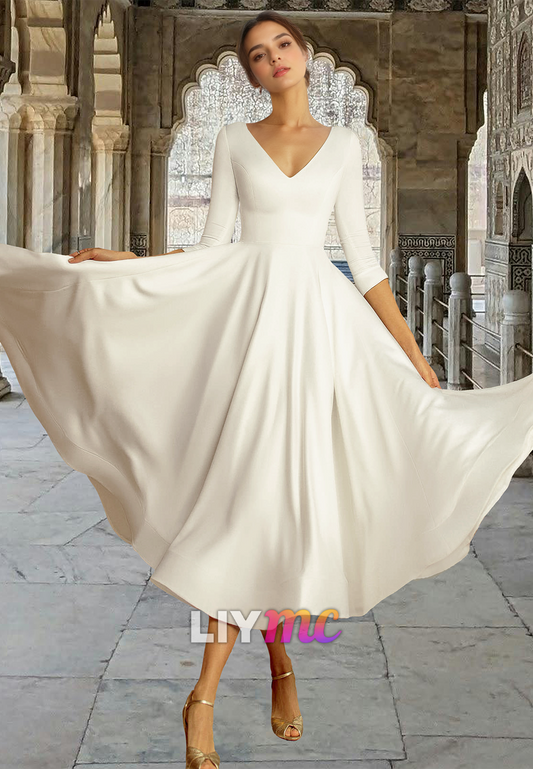 V-Neck Long Sleeves Pleated Sleek A-Line Beach Wedding Dress