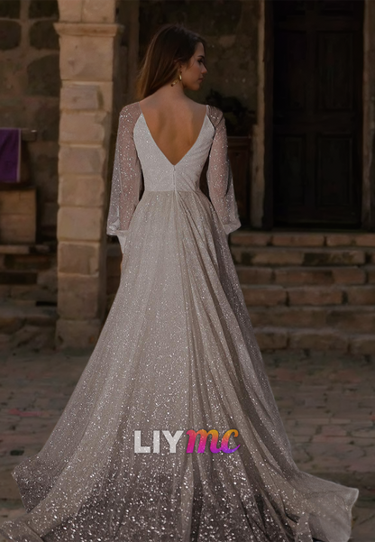 V-Neck Long Sleeves Pleated Tulle Sparkly A-Line Wedding Dress