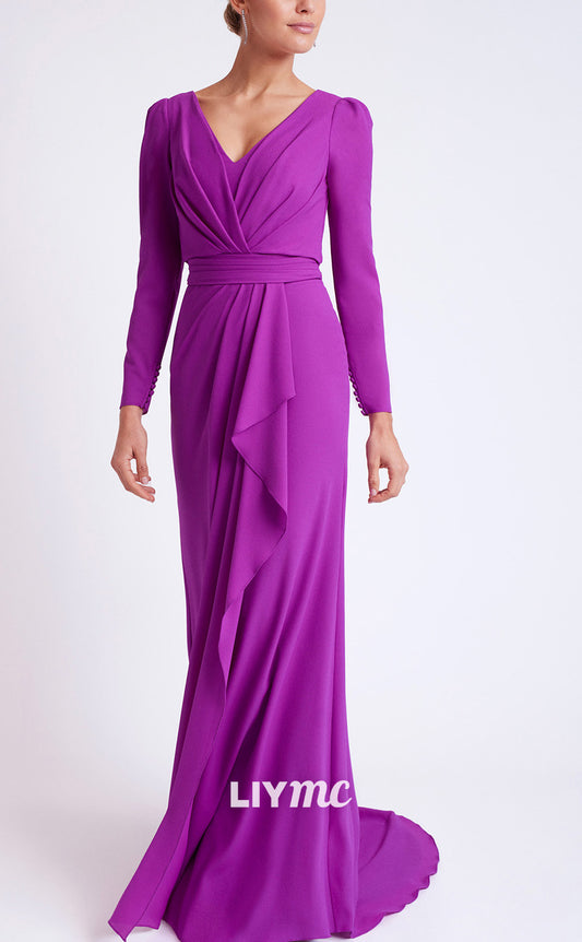 M1253 - V-Neck Long Sleeves Ruched Chiffon Mother of Bride Dress Cocktail Dress