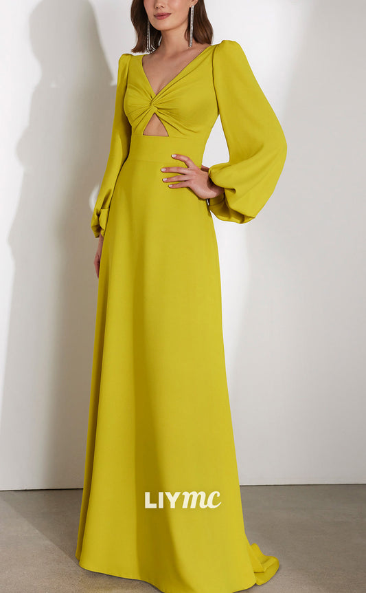 M1222 - V-Neck Long Sleeves Ruched Cut Outs Sleek Mother of Bride Dress Cocktail Dress