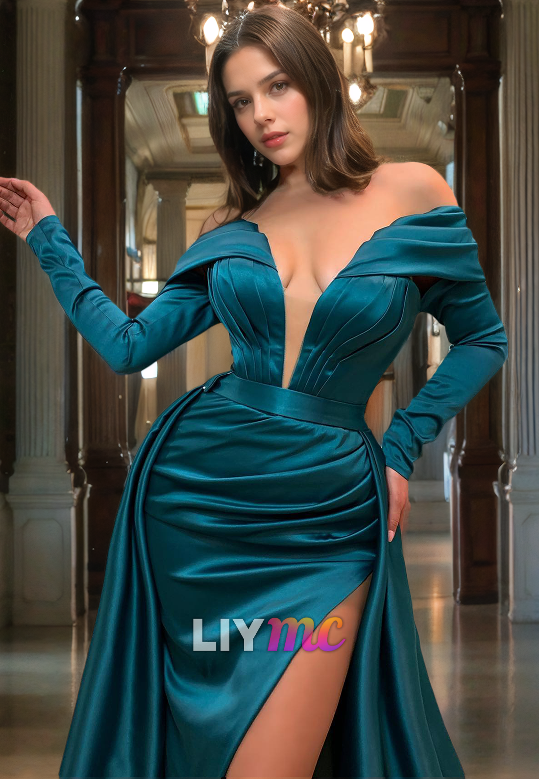 V-Neck Long Sleeves Ruched High Slit Prom Dress