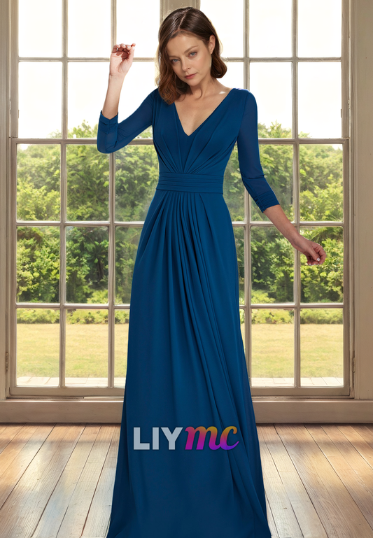 V-Neck Long Sleeves Ruched Long Mother of Bride Dress Cocktail Dress