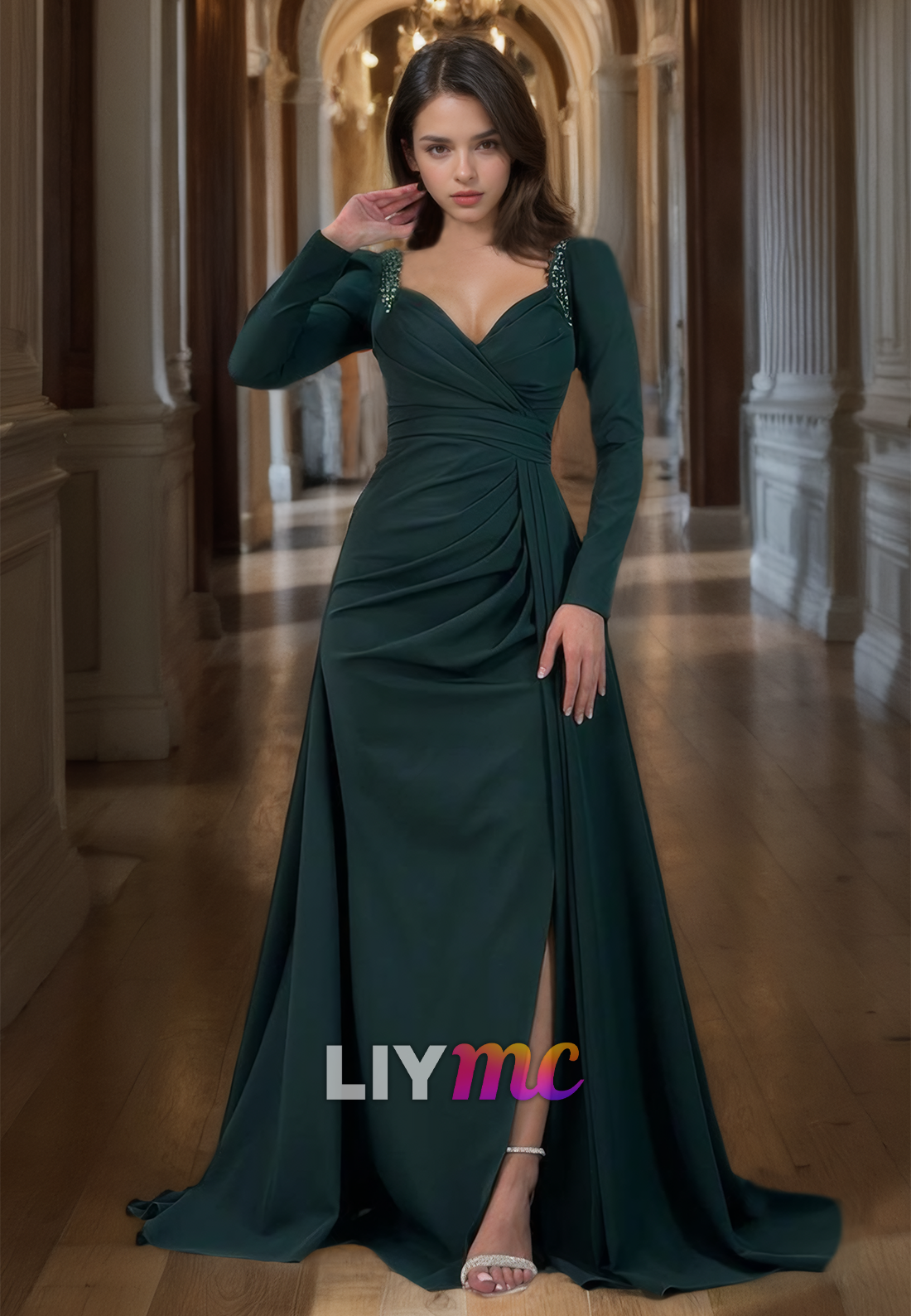 V-Neck Long Sleeves Ruched Pleated Sheath Prom Dress