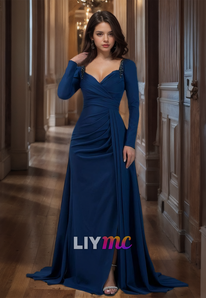 V-Neck Long Sleeves Ruched Pleated Sheath Prom Dress