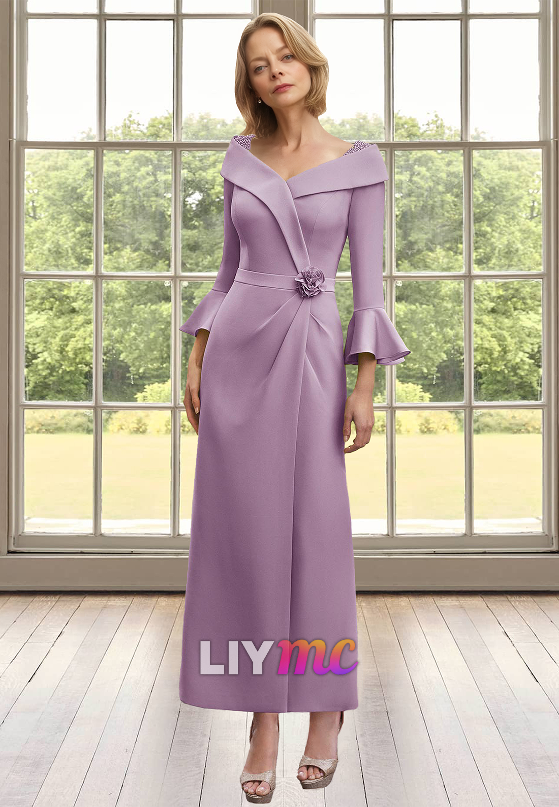 V-Neck Long Sleeves Ruched Sheath Mother of Bride Dress