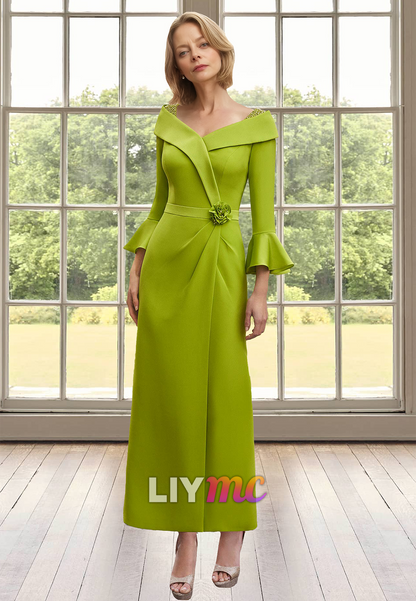 V-Neck Long Sleeves Ruched Sheath Mother of Bride Dress