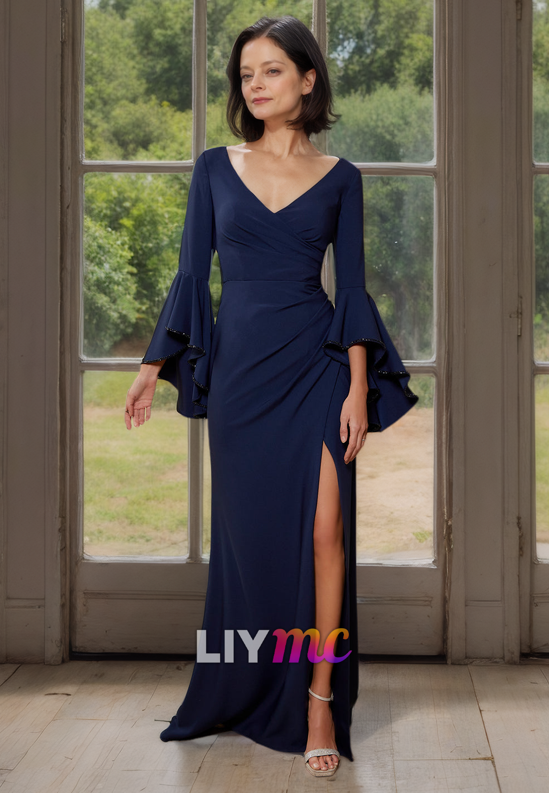 V-Neck Long Sleeves Ruched Side Slit Sheath Mother of Bride Dress