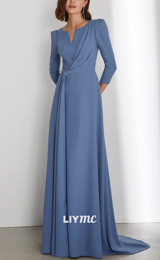 M1235 - V-Neck Long Sleeves Ruched Sleek Chiffon A-Line Mother of Bride Dress Cocktail Dress