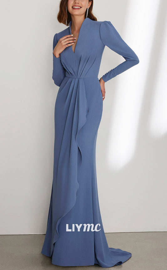 M1269 - V-Neck Long Sleeves Ruched Sleek Chiffon Mother of Bride Dress Cocktail Dress