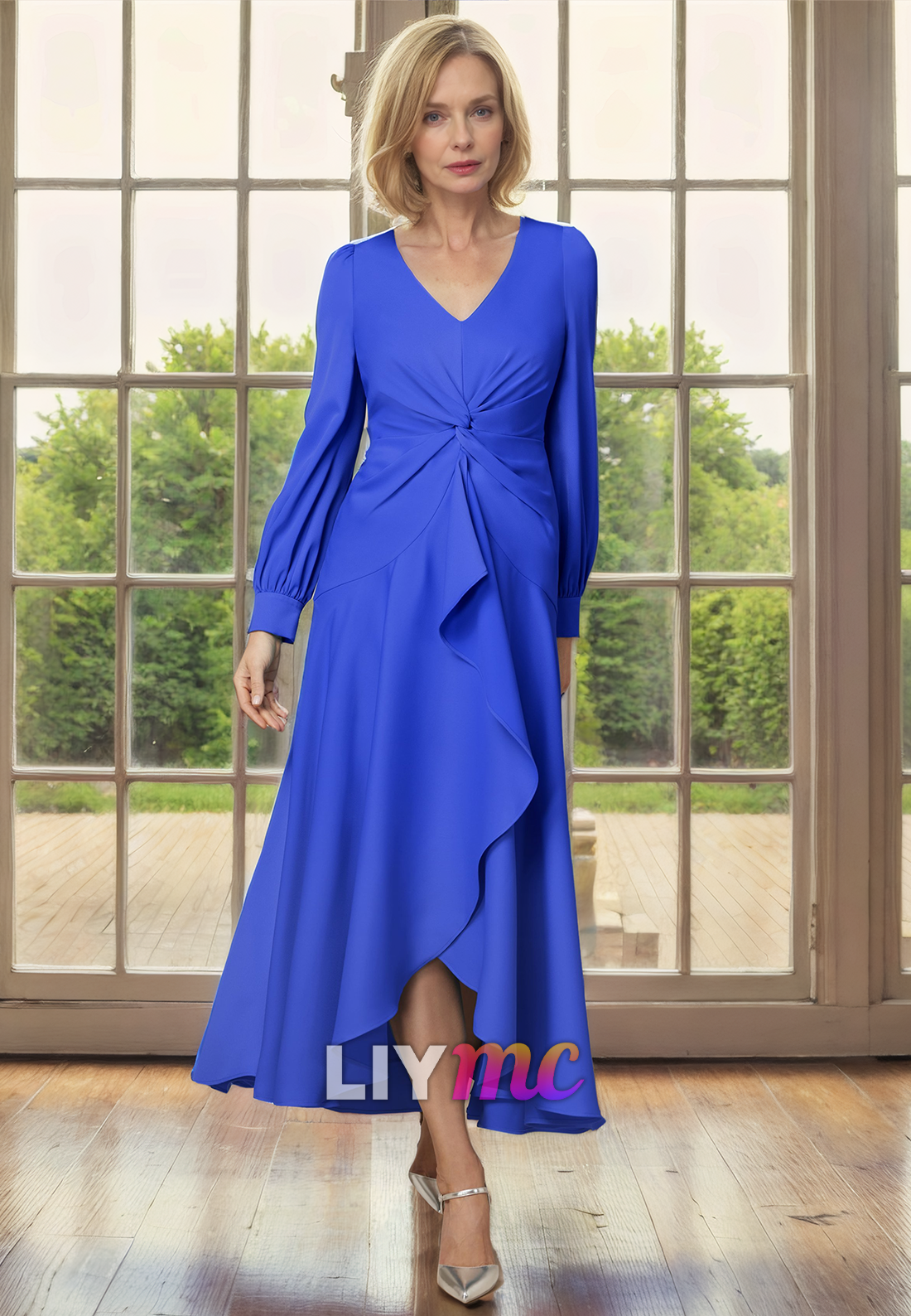 V-Neck Long Sleeves Ruffled Chiffon A-Line Mother of Bride Dress Cocktail Dress