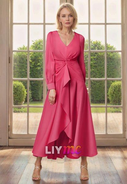 V-Neck Long Sleeves Ruffled Chiffon A-Line Mother of Bride Dress Cocktail Dress