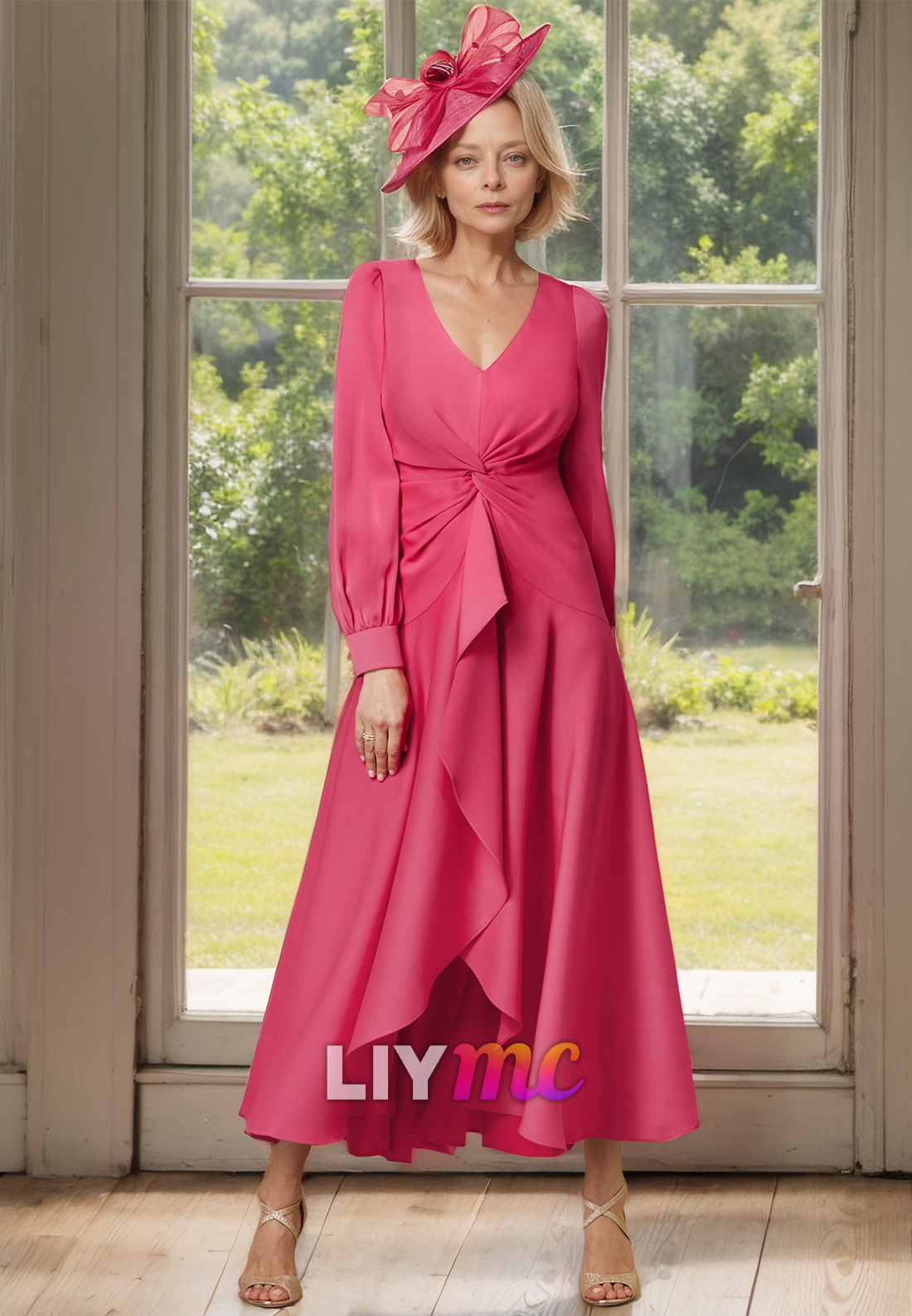 V-Neck Long Sleeves Ruffled Chiffon A-Line Mother of Bride Dress