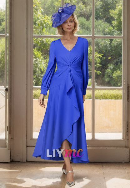 V-Neck Long Sleeves Ruffled Chiffon A-Line Mother of Bride Dress