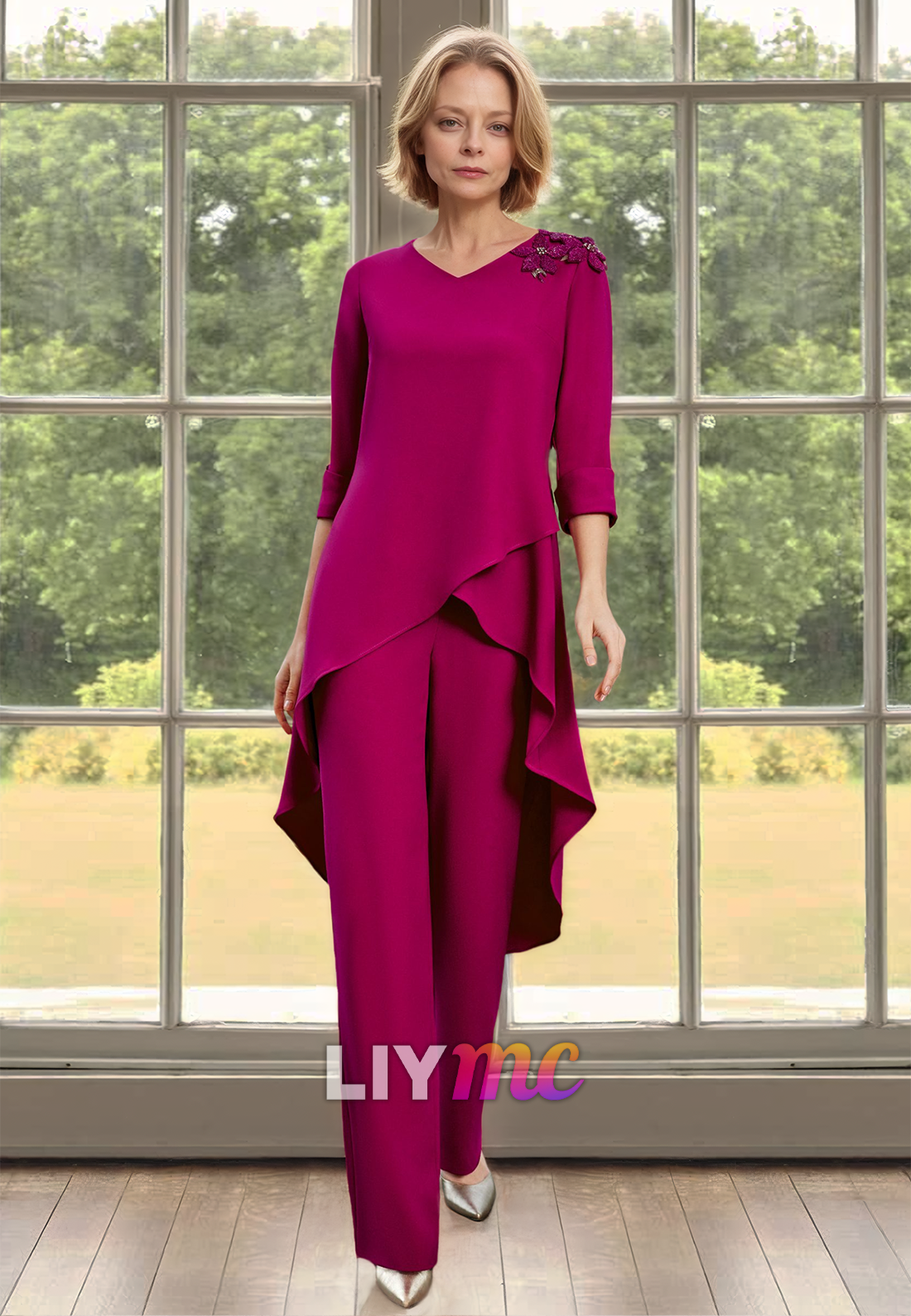 V-Neck Long Sleeves Ruffled Jumpsuit Mother of Bride Dress