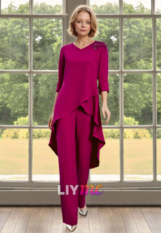 V-Neck Long Sleeves Ruffled Jumpsuit Mother of Bride Dress