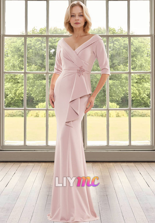 V-Neck Long Sleeves Ruffled Mermaid Mother of Bride Dress