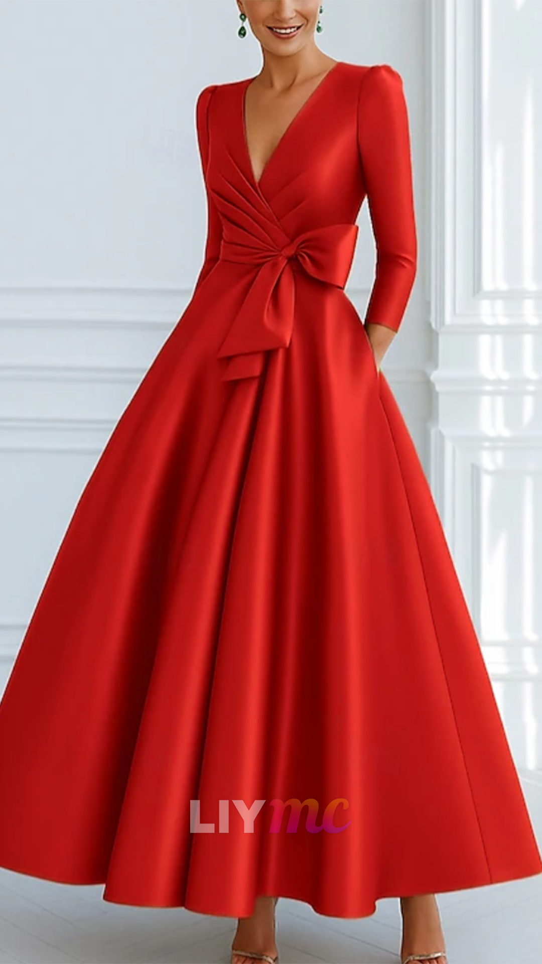 V-Neck Long Sleeves Satin A-Line Mother of Bride Dress