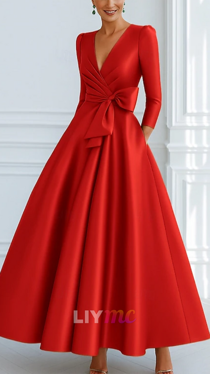 V-Neck Long Sleeves Satin A-Line Mother of Bride Dress