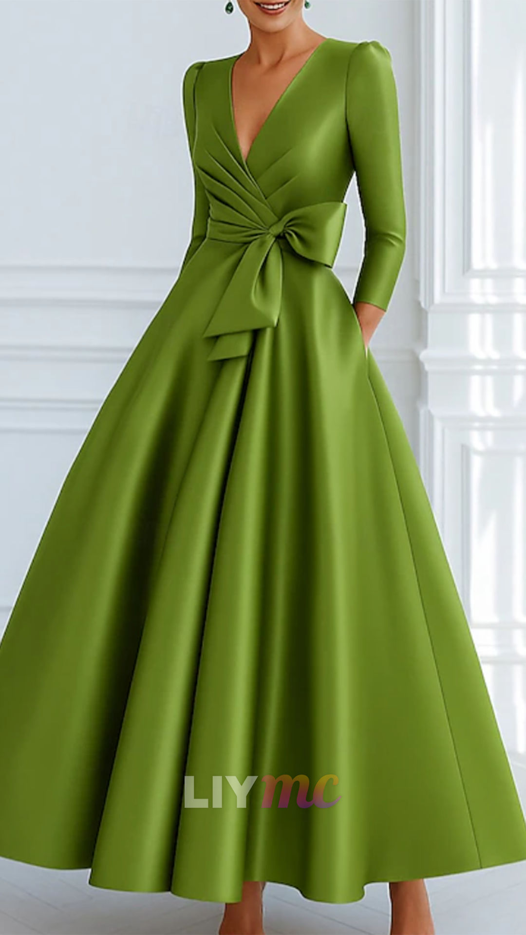 V-Neck Long Sleeves Satin A-Line Mother of Bride Dress