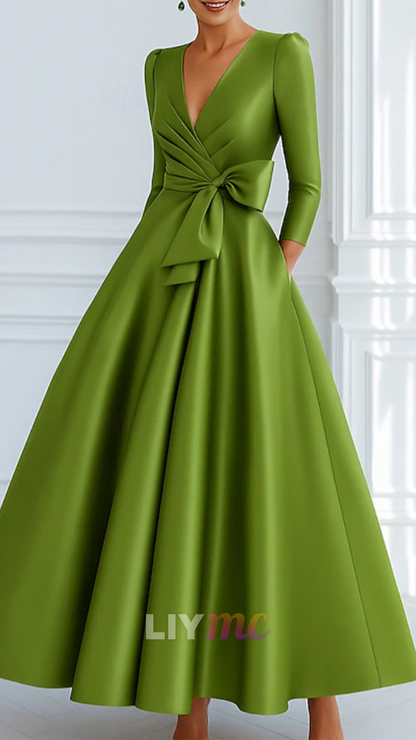 V-Neck Long Sleeves Satin A-Line Mother of Bride Dress