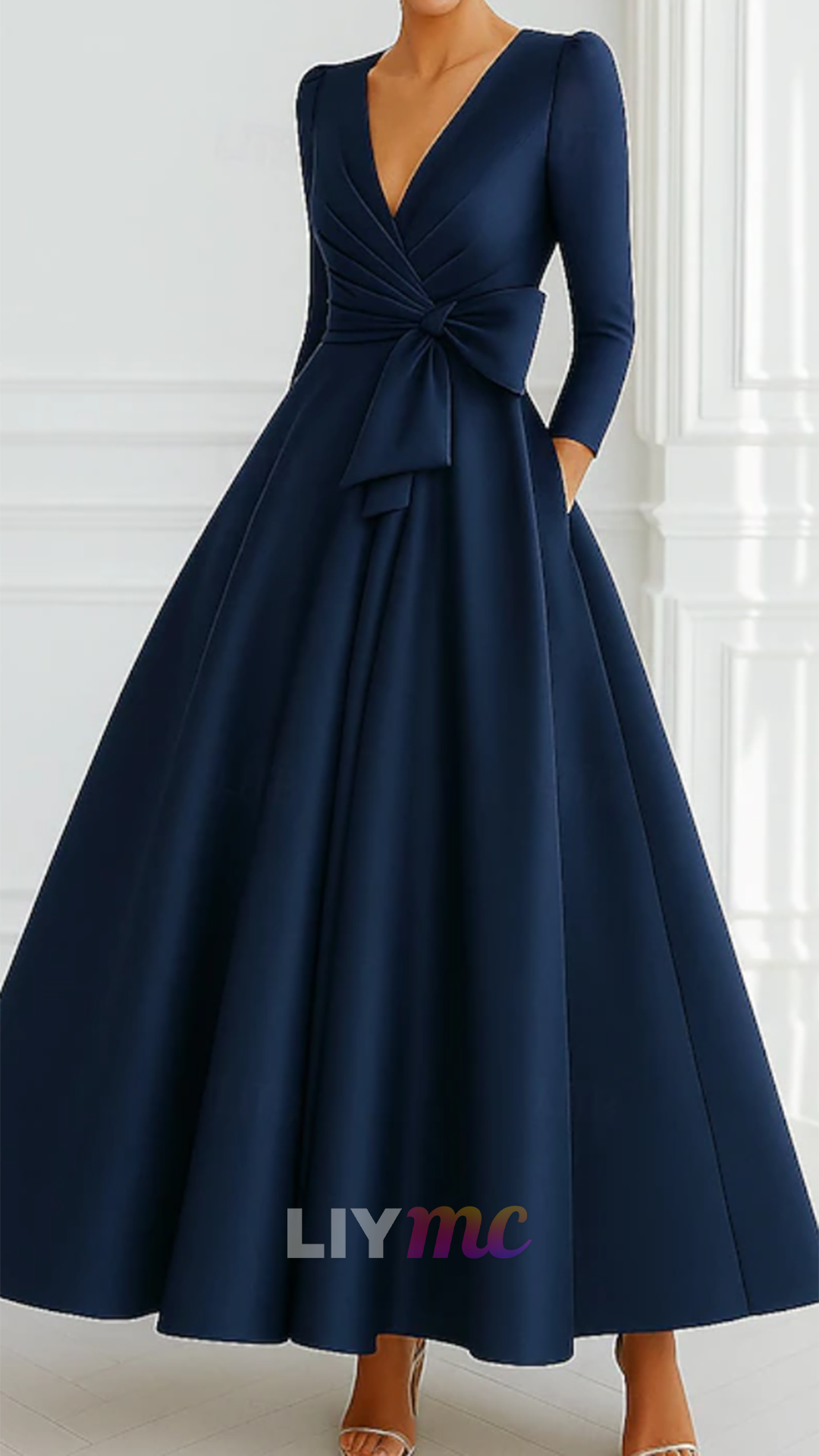 V-Neck Long Sleeves Satin A-Line Mother of Bride Dress