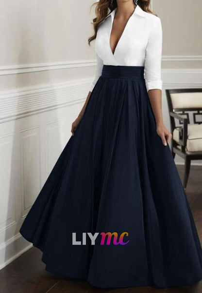 V-Neck Long Sleeves Satin Black White A-Line Cocktail Mother of Bride Dress