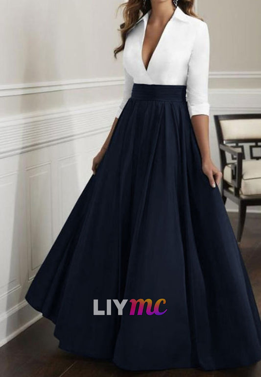 V-Neck Long Sleeves Satin Black White A-Line Cocktail Mother of Bride Dress