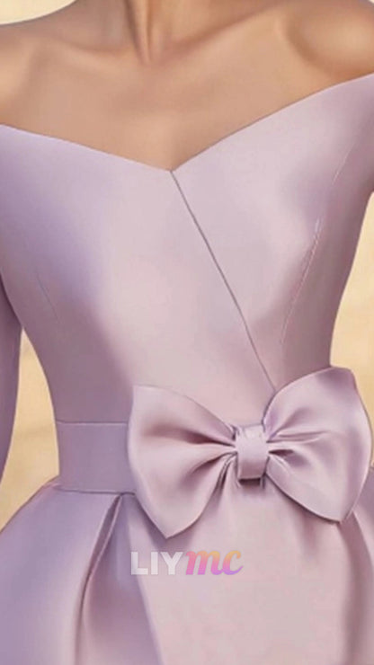 V-Neck Long Sleeves Satin Bow Sheath Weddingg Guest Dress