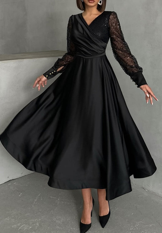 V-Neck Long Sleeves Sequins A-Line Mother of Bride Dress