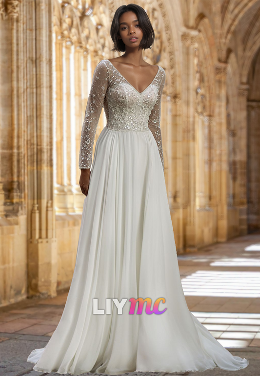 V-Neck Long Sleeves Sequins A-Line Wedding Dress