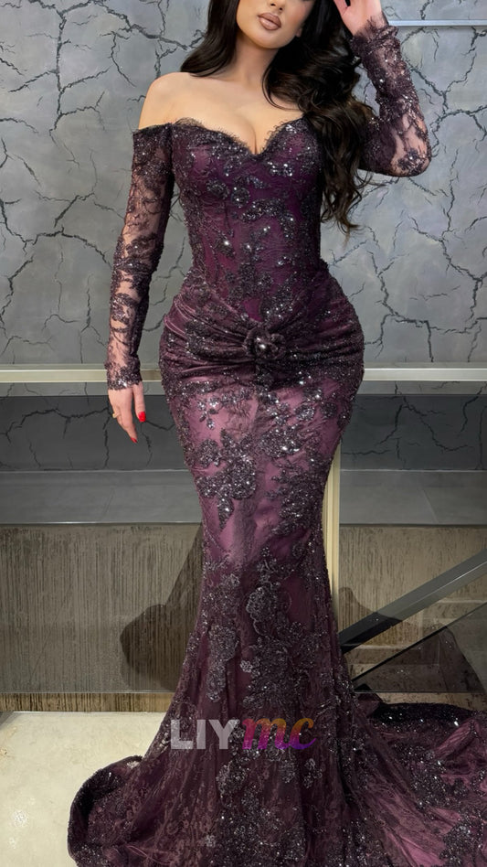 V-Neck Long Sleeves Sequins Appliques Mermaid Prom Dresss