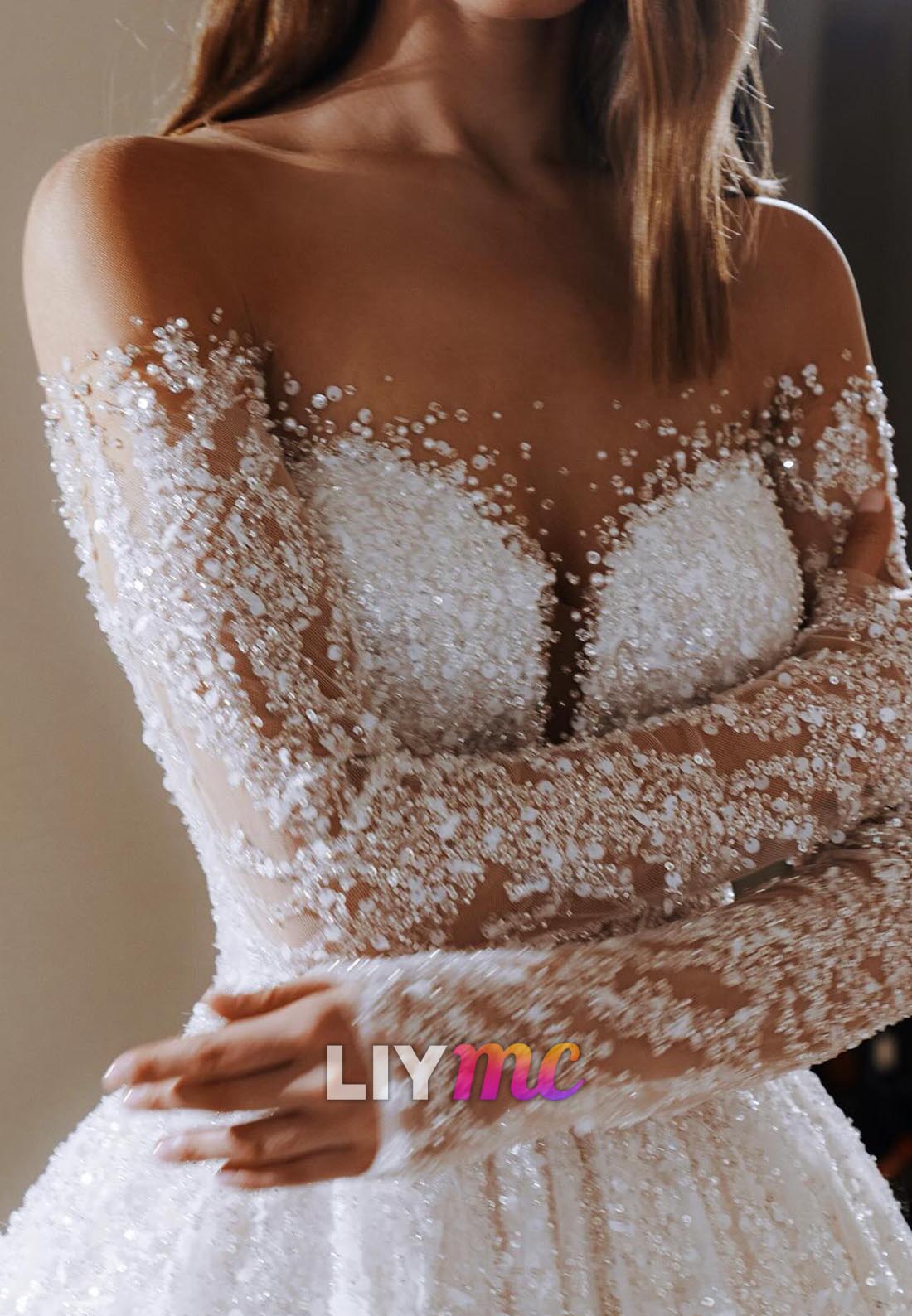 V-Neck Long Sleeves Sequins Beaded Ball Gown Wedding Dress