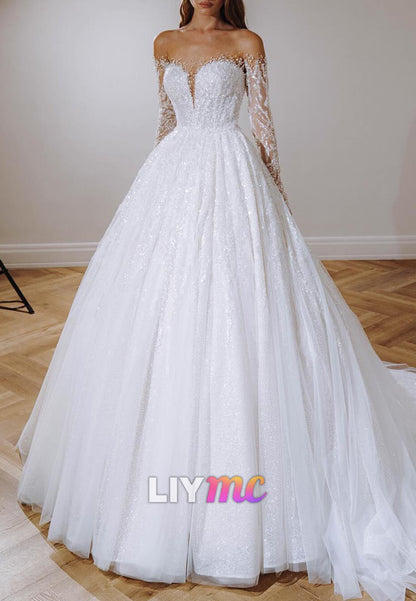 V-Neck Long Sleeves Sequins Beaded Ball Gown Wedding Dress