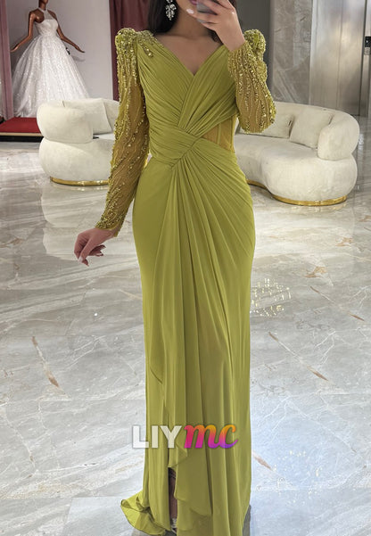 V-Neck Long Sleeves Sequins Beaded Ruched Sheath Evening Dress