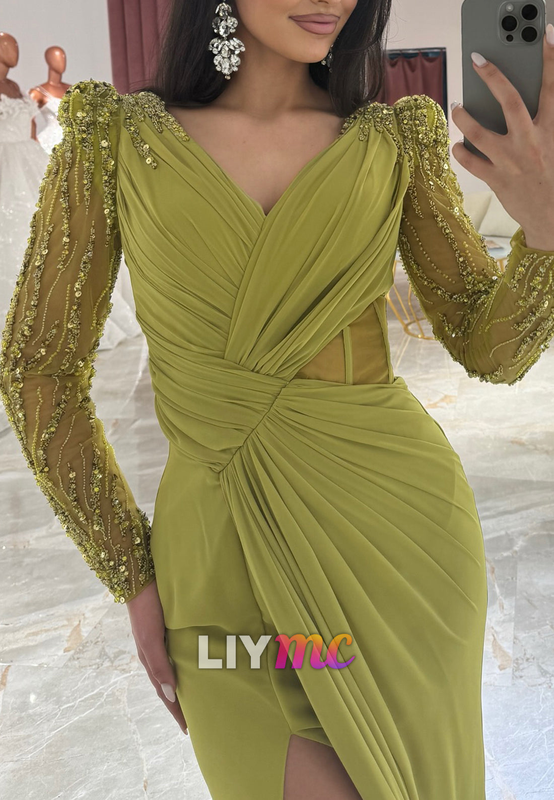 V-Neck Long Sleeves Sequins Beaded Ruched Sheath Evening Dress