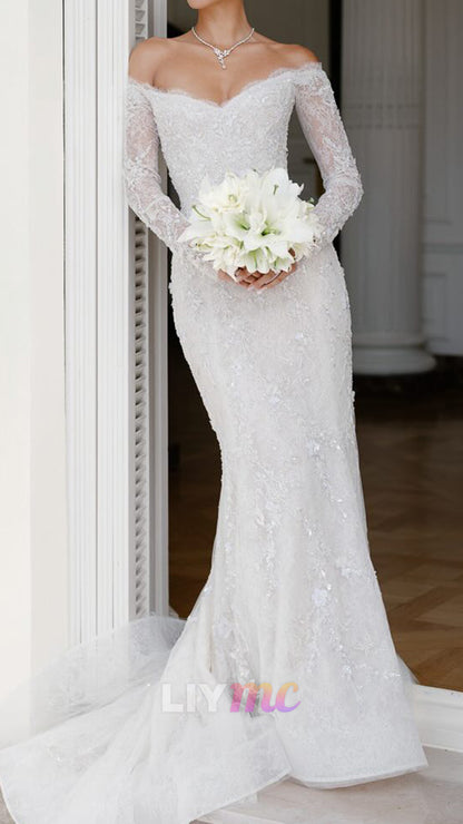 V-Neck Long Sleeves Sequins Lace Appliques Mermaid Wedding Dress