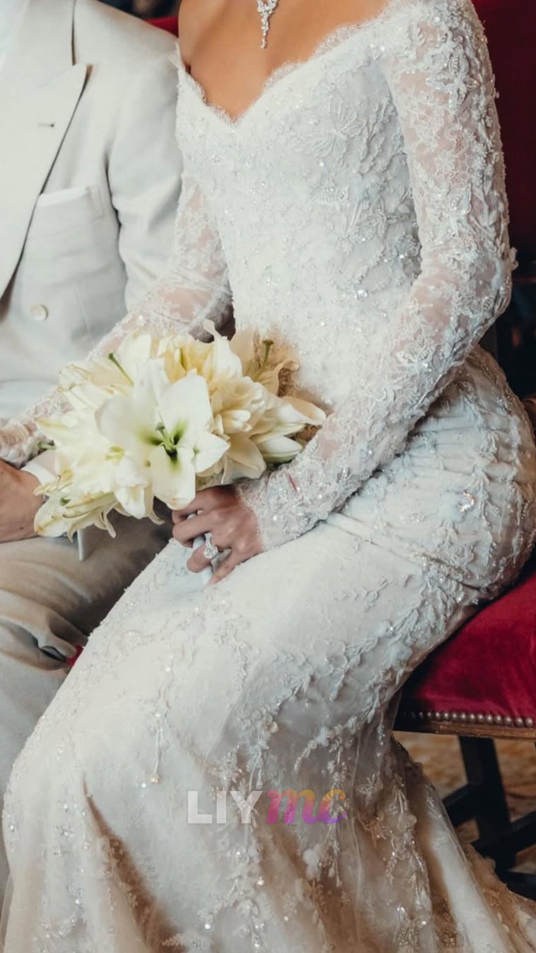 V-Neck Long Sleeves Sequins Lace Appliques Mermaid Wedding Dress