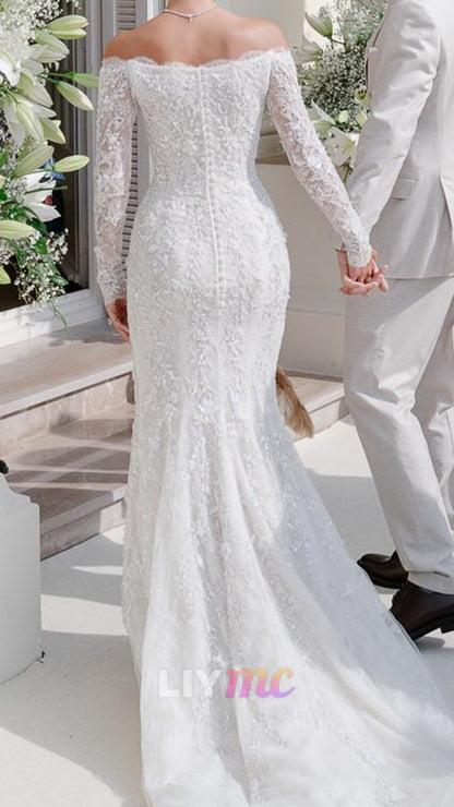 V-Neck Long Sleeves Sequins Lace Appliques Mermaid Wedding Dress