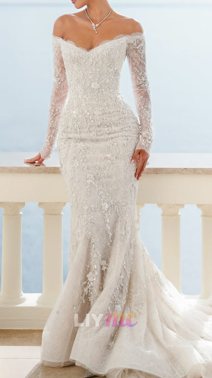 V-Neck Long Sleeves Sequins Lace Appliques Mermaid Wedding Dress