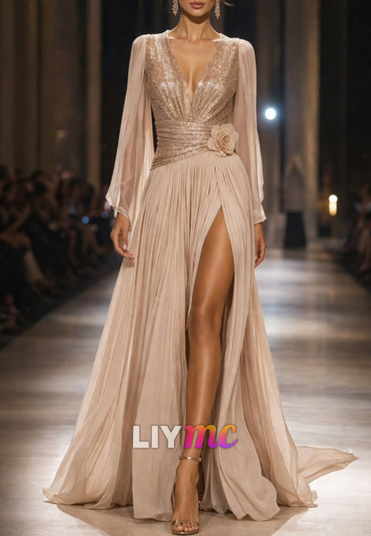 V-Neck Long Sleeves Sequins Pleated A-Line Evening Dress