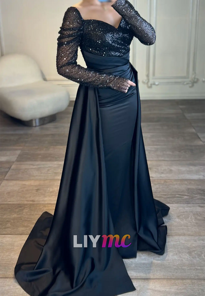 V-Neck Long Sleeves Sequins Pleated Formal Dress Sheath Evening Dress