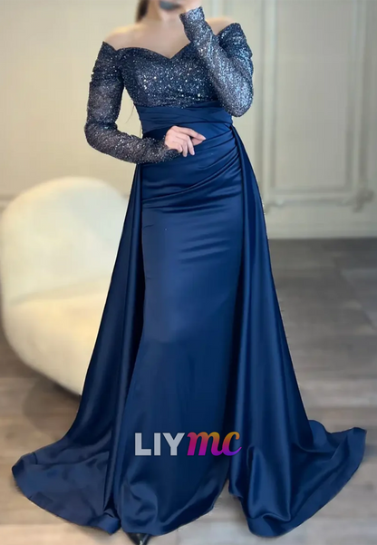 V-Neck Long Sleeves Sequins Pleated Formal Dress Sheath Evening Dress