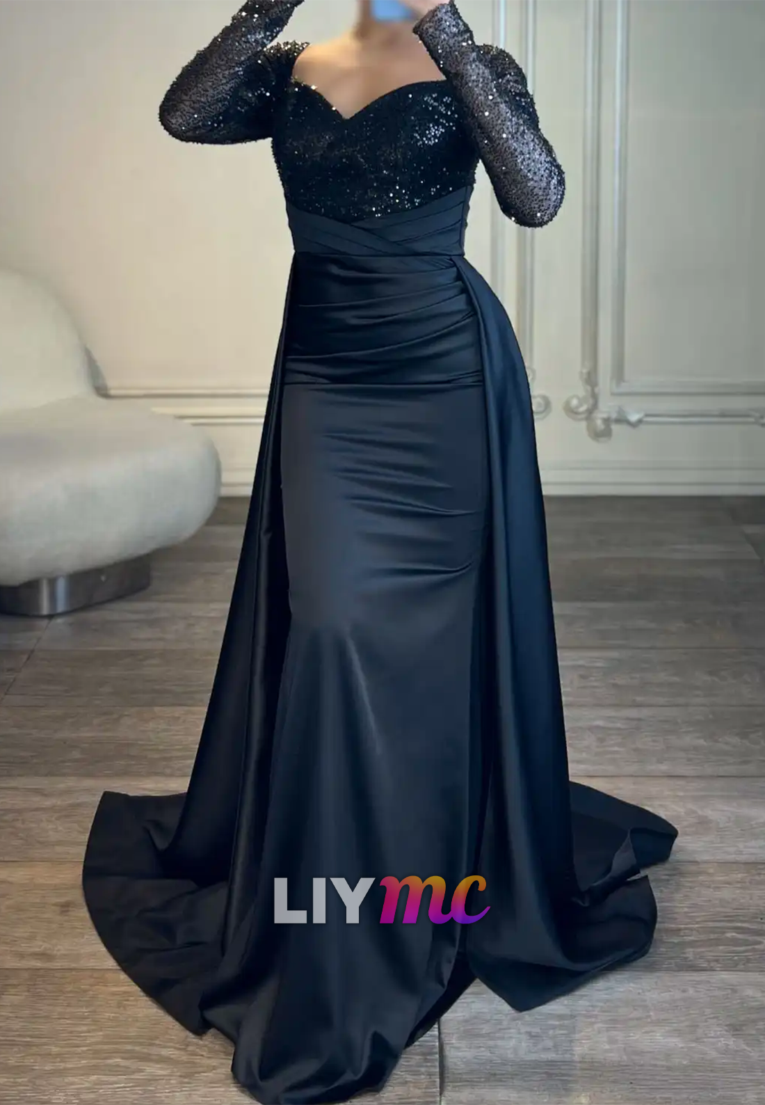 V-Neck Long Sleeves Sequins Pleated Formal Dress Sheath Evening Dress