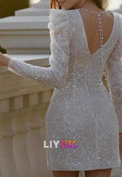 V-Neck Long Sleeves Sequins Ruched Sheath Short Wedding Dress