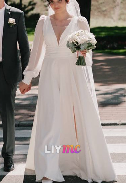 V-Neck Long Sleeves Side Slit A-Line Wedding Dress