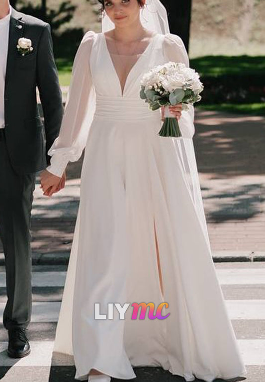 V-Neck Long Sleeves Side Slit A-Line Wedding Dress
