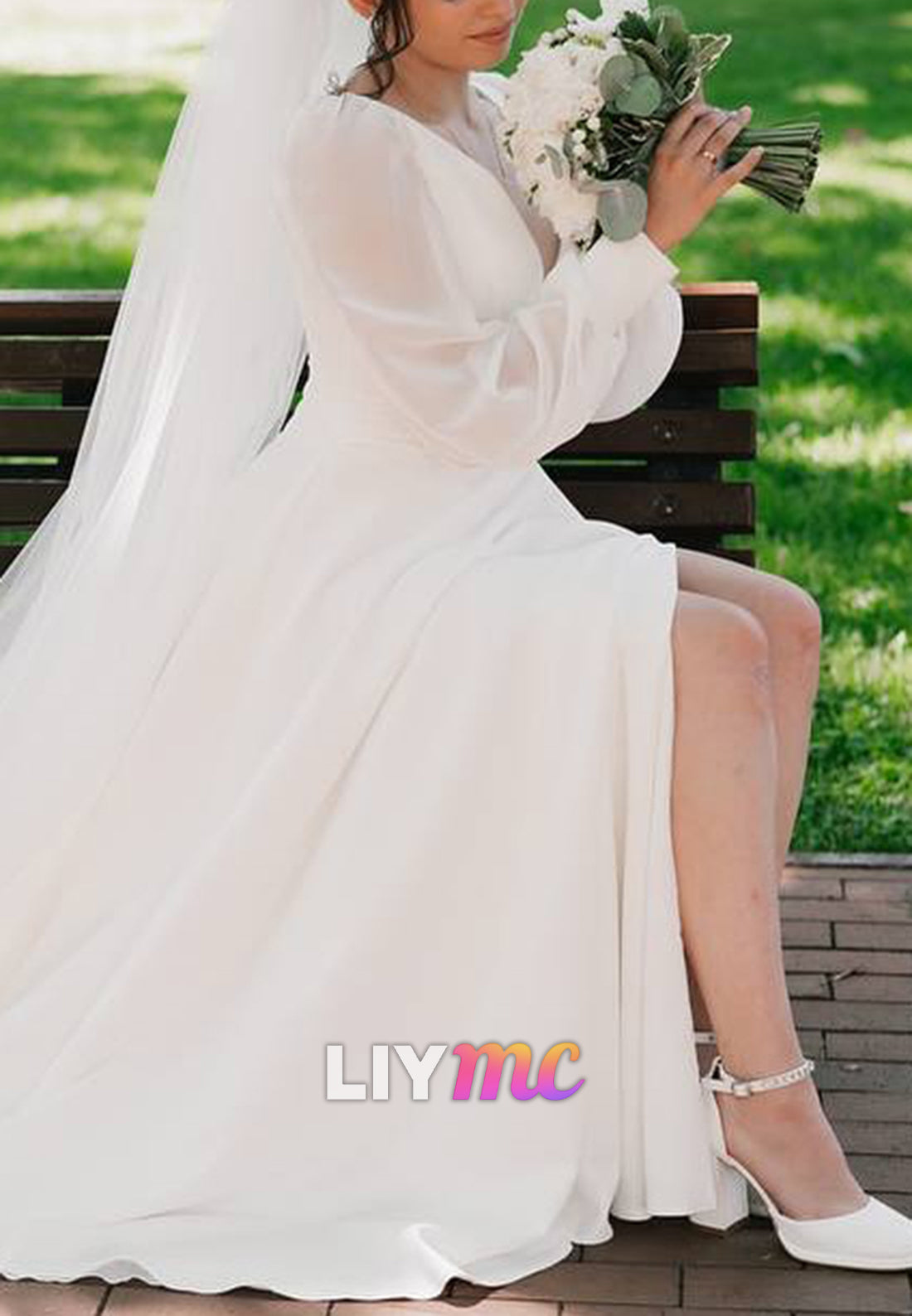 V-Neck Long Sleeves Side Slit A-Line Wedding Dress