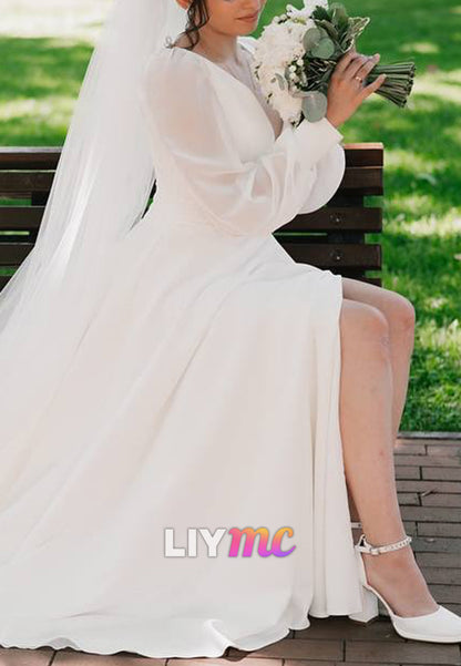 V-Neck Long Sleeves Side Slit A-Line Wedding Dress