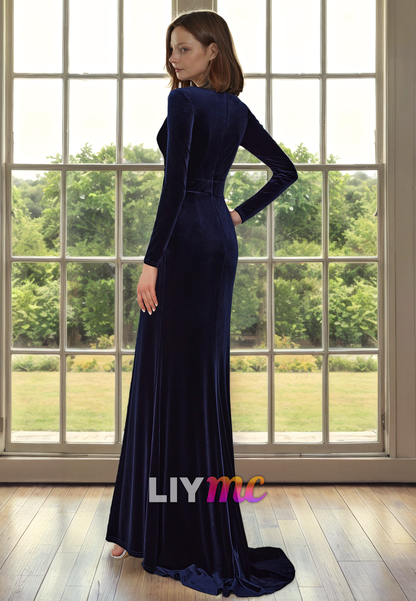 V-Neck Long Sleeves Side Slit Mother of Bride Dress Cocktail Dress