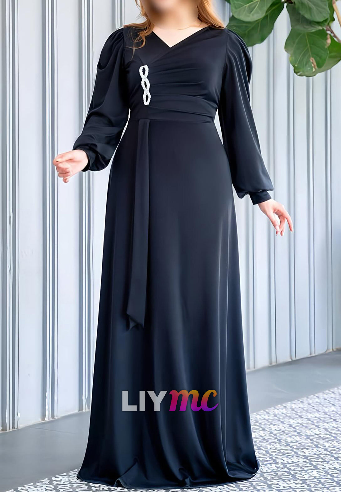 V-Neck Long Sleeves Sleek A-Line Mother of Bride Dress